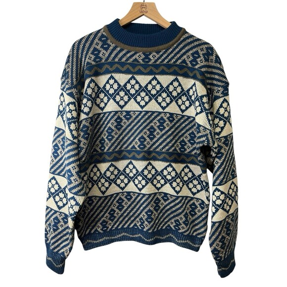 Vintage Graphix Unisex Adult Grandpa Fisherman Knit Sweater Blue Cream Stripe XL - Picture 2 of 13